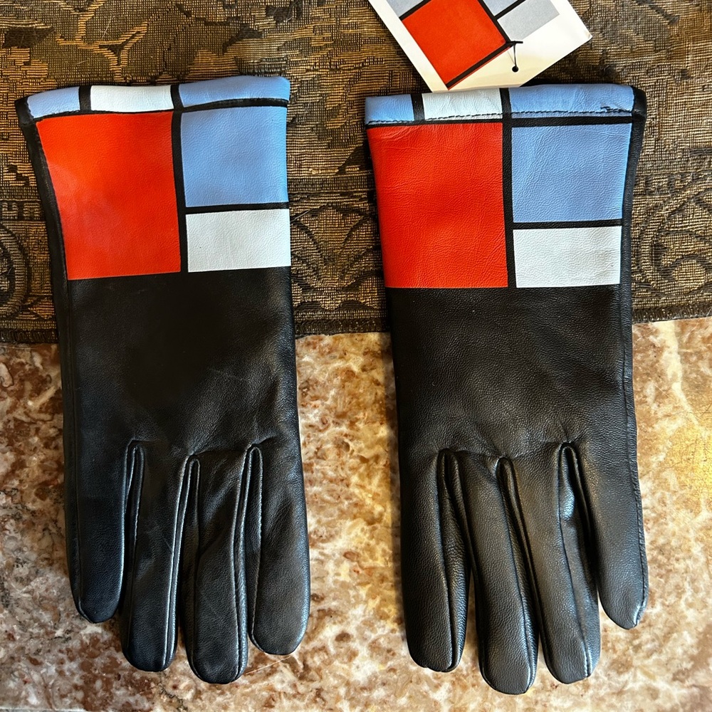 Red and Blue Geometric Leather Gloves
